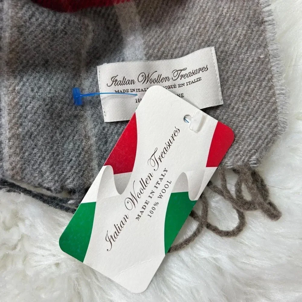 ITALIAN WOOLEN TREASURES Men's Scarf in Gray and Red 100% wool